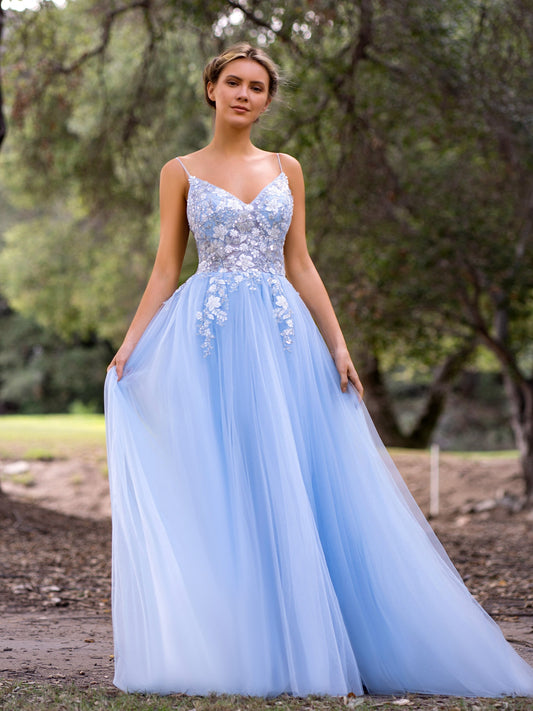 Vestido de fiesta de tul con escote en V profundo, apliques de encaje y largo hasta el suelo