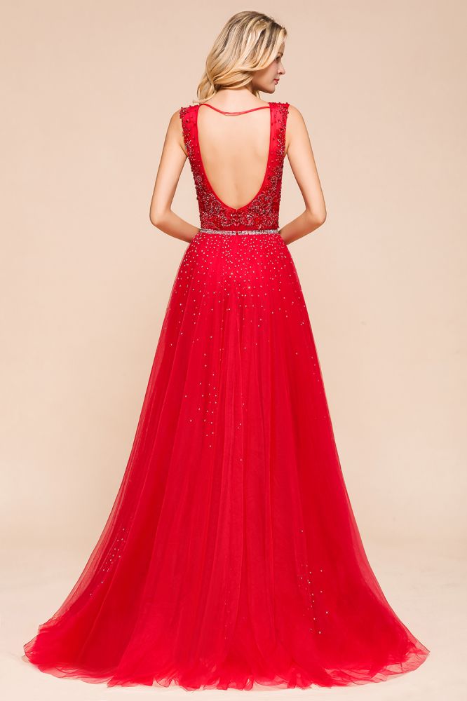 Vestido largo de noche con escote en V profundo, sin mangas, con apliques de encaje, corte A, de gasa