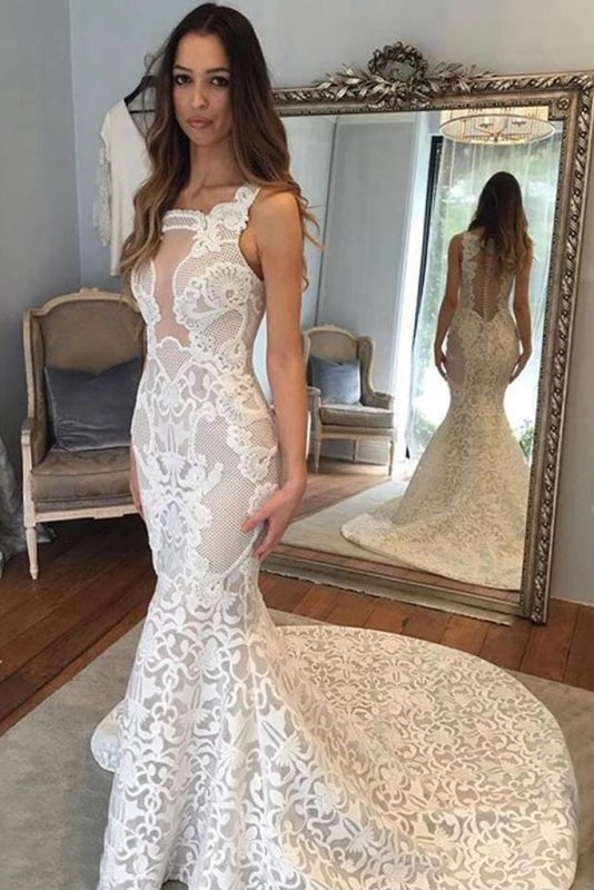 Zarte Illusion Hofschleppe Spitze Meerjungfrau Elegante Brautkleider