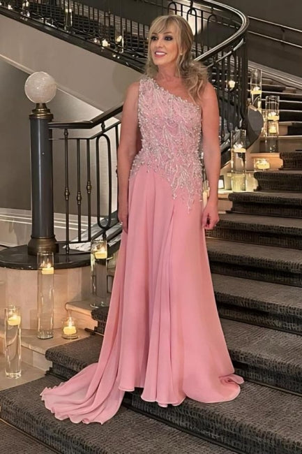 Vestido de gasa de diseño para madre de la novia, corte A, sin mangas, con un hombro al descubierto, color rosa, para dama de honor con apliques