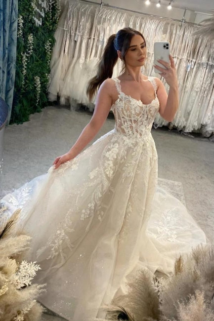 Designer A-Linie Spitze Herzausschnitt Ärmellos Weiß Brautkleid mit Schleppe