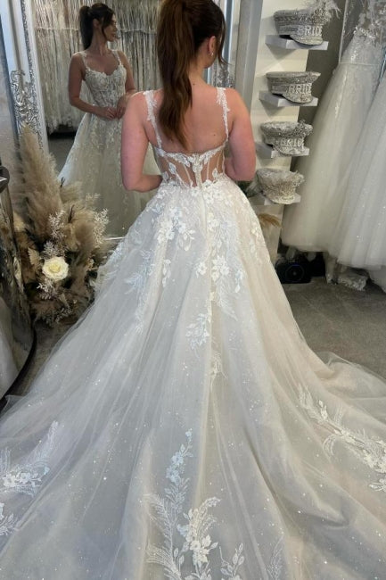Designer A-Linie Spitze Herzausschnitt Ärmellos Weiß Brautkleid mit Schleppe