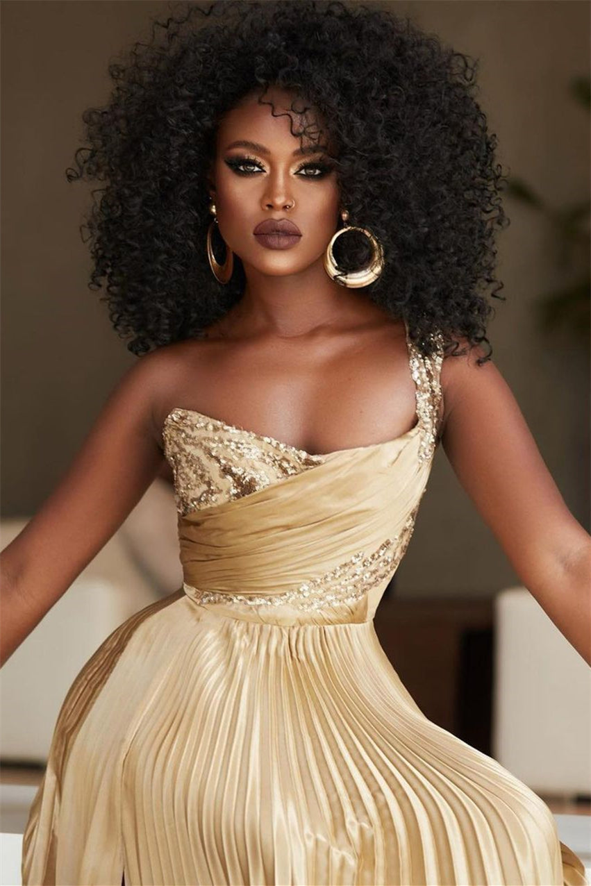 Designer A-line One Shoulder Sequined Prom Dress With Slit