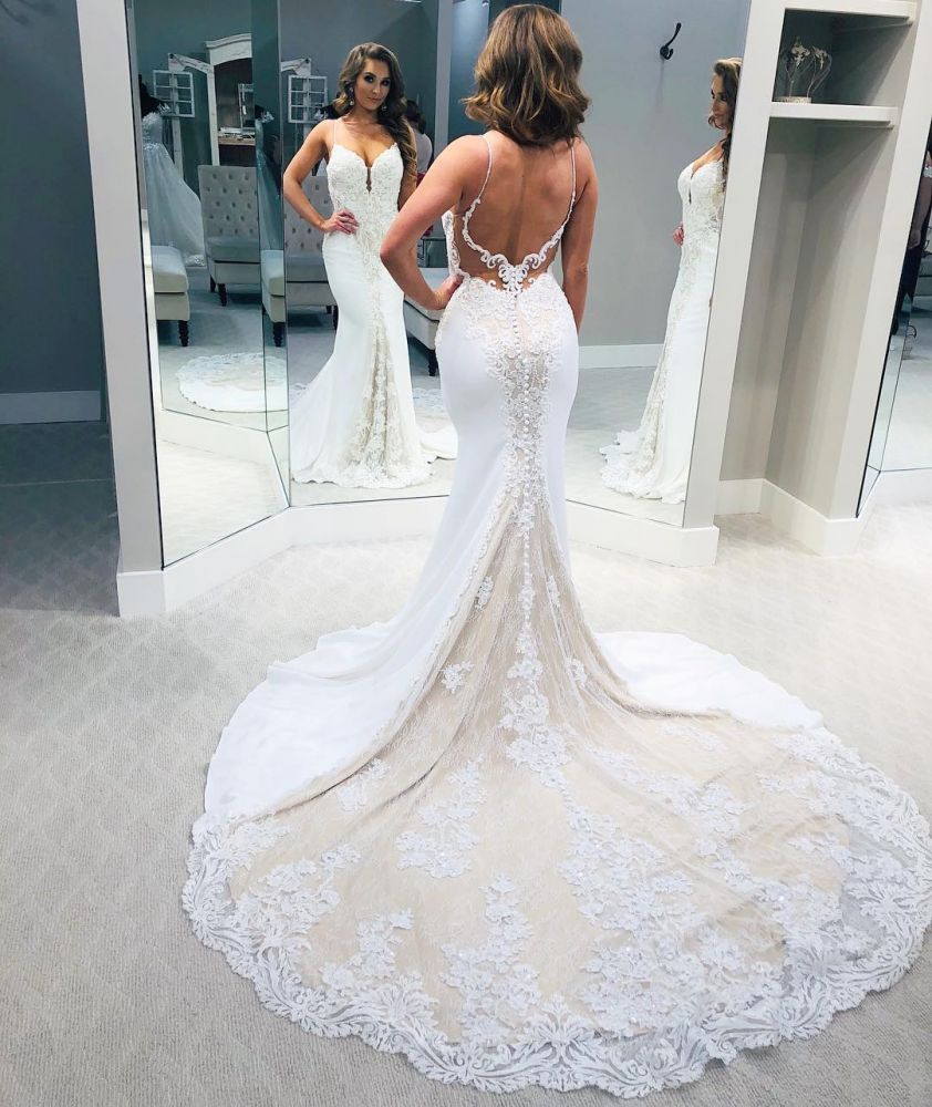 Rückenfreies Designer-Brautkleid mit Spaghettiträgern