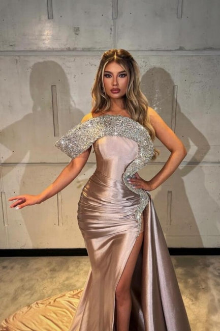 Designer Column Satin One Shoulder Sleeveless Prom Dresses With Split Front