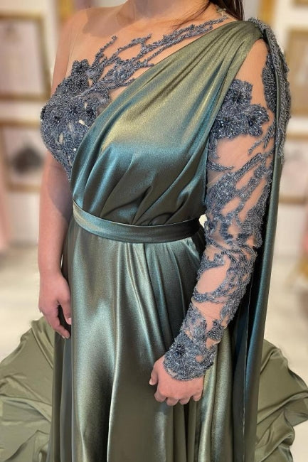 Vestidos de noche largos de diseñador con abertura en forma de A y encaje con manga larga