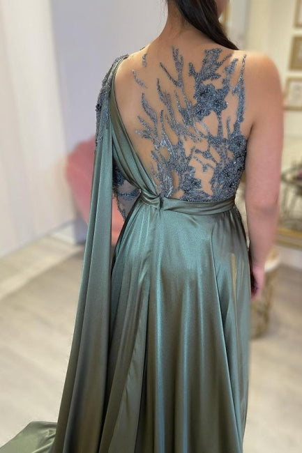 Vestidos de noche largos de diseñador con abertura en forma de A y encaje con manga larga