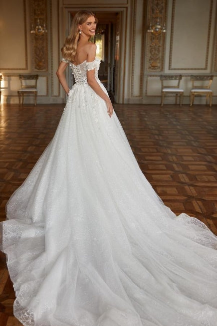 Designer Lange A-Linie Off-the-Shoulder Spitze Brautkleider mit Glitzer