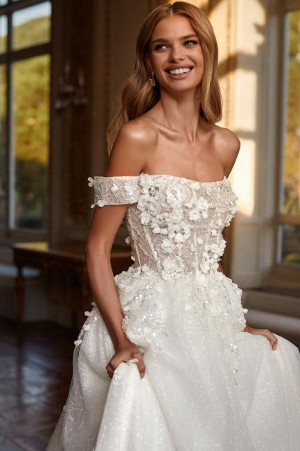 Designer Lange A-Linie Off-the-Shoulder Spitze Brautkleider mit Glitzer