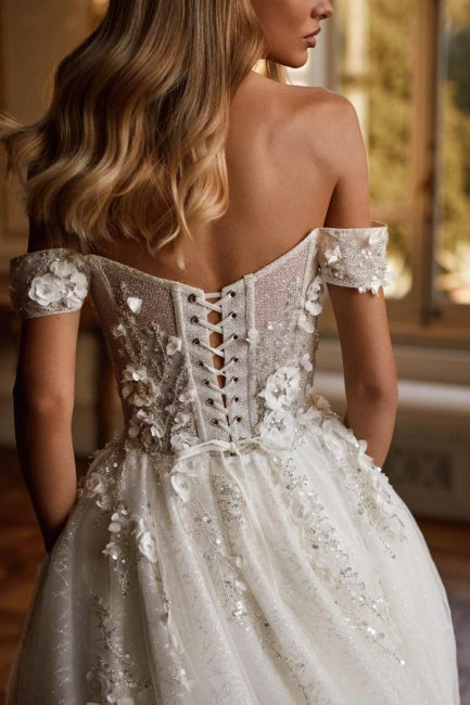 Designer Lange A-Linie Off-the-Shoulder Spitze Brautkleider mit Glitzer