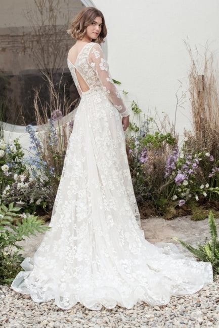 Vestidos de noiva longos com decote em V e renda, de designer, com mangas compridas