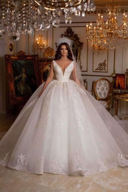 Langes Designer-Brautkleid in A-Linie mit V-Ausschnitt, ärmellos, Applikationen und Spitze