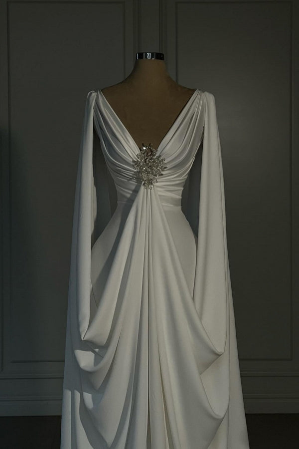 Langes, elfenbeinfarbenes Designer-Brautkleid aus Satin mit A-Linie, V-Ausschnitt und langen Ärmeln