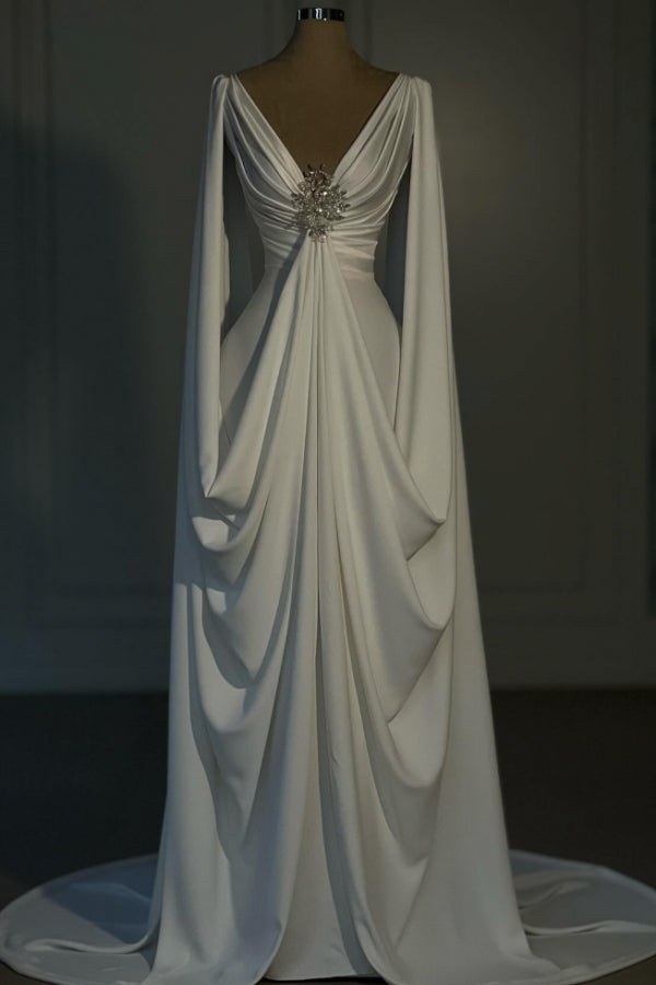 Langes, elfenbeinfarbenes Designer-Brautkleid aus Satin mit A-Linie, V-Ausschnitt und langen Ärmeln