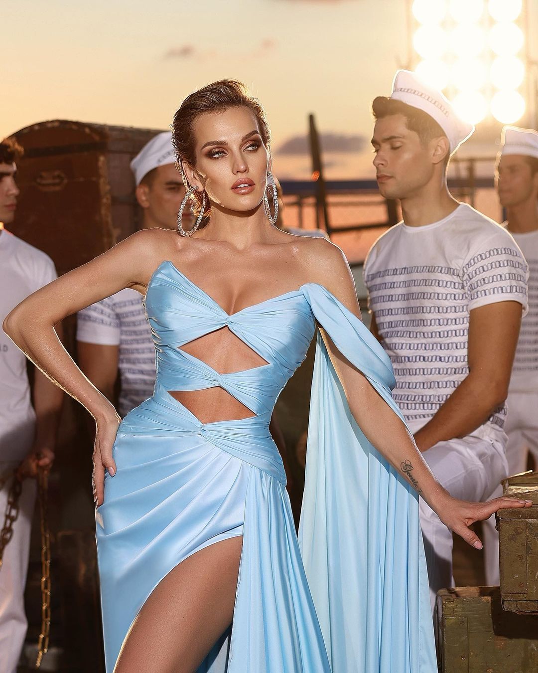 Designer Long Sky Blue A-line Sleeveless Prom Dress With Slit