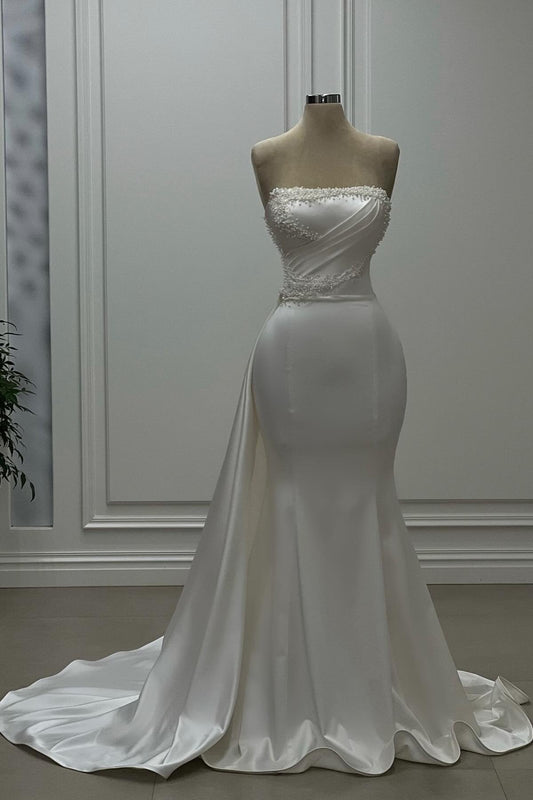 Designer Meerjungfrau Satin Trägerlos Ärmellos Elfenbein Brautkleid Mit Perlen