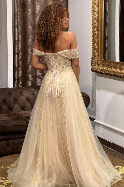 Vestidos de noche largos de diseñador con hombros descubiertos, corte A y encaje