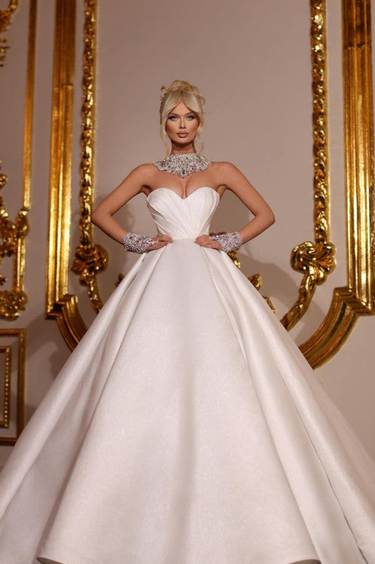 Designer Prinzessin Lange A-Linie Satin Glitzer Ärmellose Brautkleider