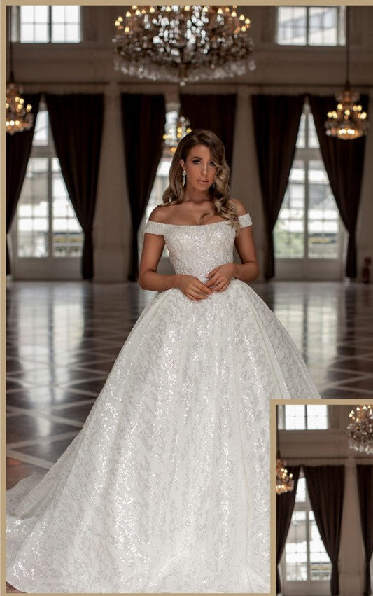 Designer Prinzessin Lange Weiße Off-the-Shoulder Glitzer A-Linie Brautkleider