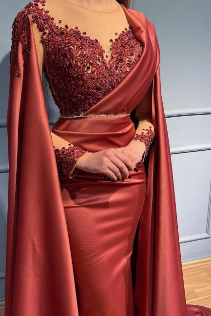 Vestidos de noche de diseño con sirena larga, escote en V y encaje rojo con mangas