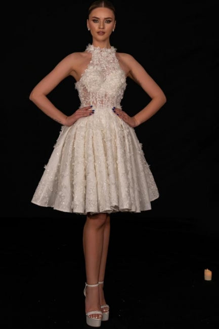 Designer Kurzes A-Linien-Brautkleid mit Spitze, Perlen und Pailletten, ärmellos