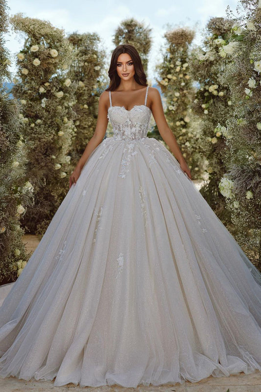 Designer Spaghettiträger Langes A-Linien-Brautkleid mit Applikationen und Spitze