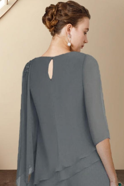 Traje de diseñador de dos piezas para madre de la novia, de gasa, con escote redondo y media manga, para dama de honor con volantes
