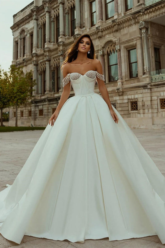 Designer-Brautkleid in A-Linie, schulterfrei, weiß, mit Perlen