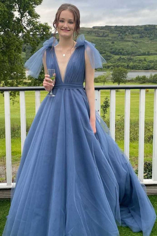 Vestido de fiesta largo de corte A con escote en V y lazo en azul oscuro
