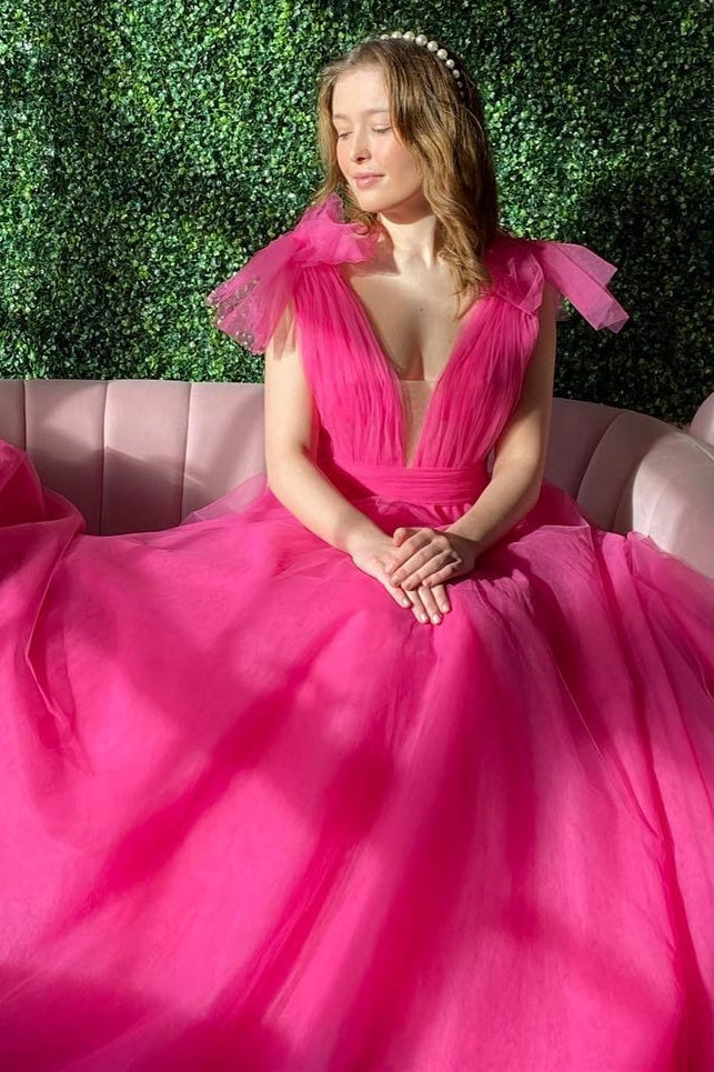Vestido de fiesta largo de corte A con escote en V y lazo en azul oscuro
