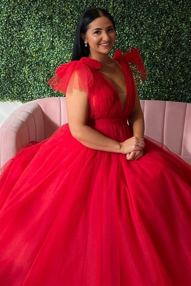 Vestido de fiesta largo de corte A con escote en V y lazo en azul oscuro