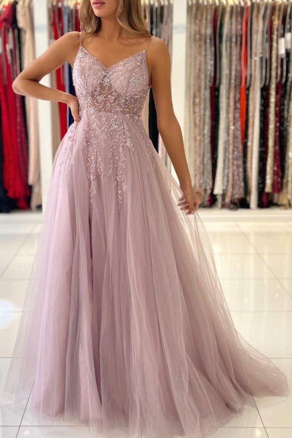 Staubiges, rosa, langes A-Linien-Ballkleid aus Tüll mit V-Ausschnitt und Schlitz