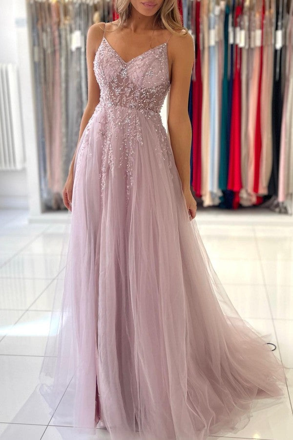 Staubiges, rosa, langes A-Linien-Ballkleid aus Tüll mit V-Ausschnitt und Schlitz