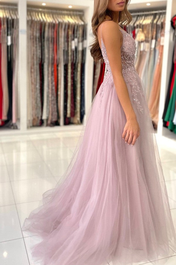 Staubiges, rosa, langes A-Linien-Ballkleid aus Tüll mit V-Ausschnitt und Schlitz