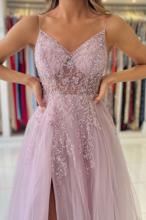 Staubiges, rosa, langes A-Linien-Ballkleid aus Tüll mit V-Ausschnitt und Schlitz
