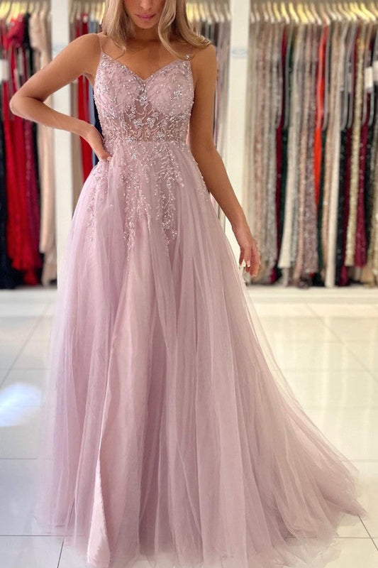 Staubiges, rosa, langes A-Linien-Ballkleid aus Tüll mit V-Ausschnitt und Schlitz