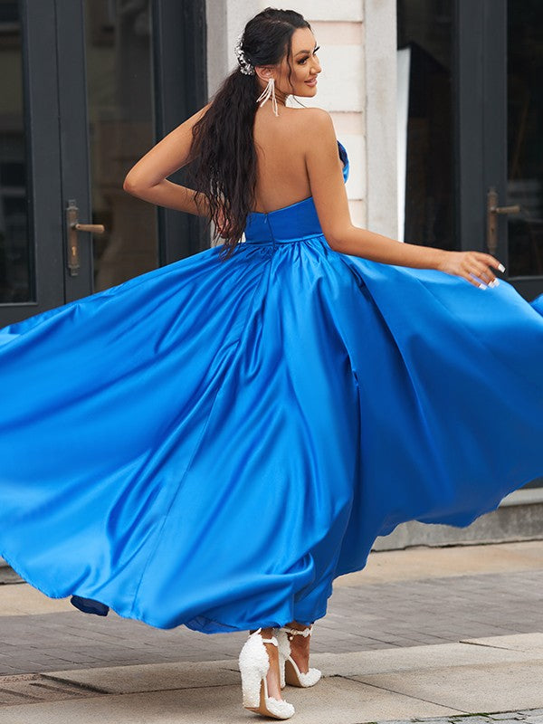 Regal Sapphire A-Line Draped V-Neck Backless Prom Dress