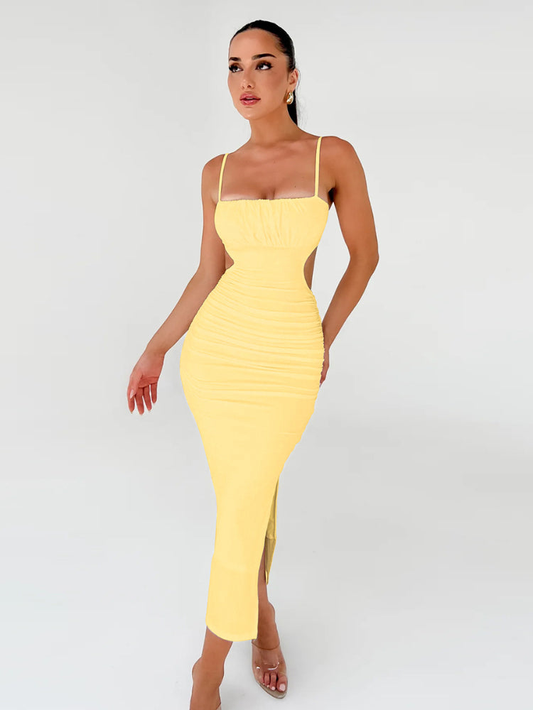 Tossy Damen Rückenfreies Cut-Out Bodycon Maxikleid Mode Ärmellos Spaghettiträger Geraffter Seitenschlitz Saum Abendkleid Weiblich