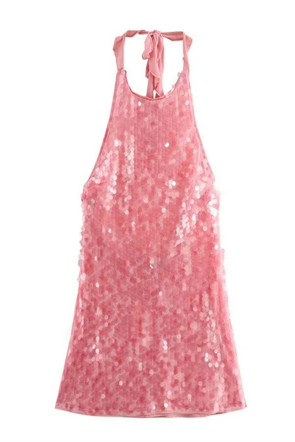 Sexy Neckholder-Minikleid mit rückenfreiem Paillettenbesatz und Rosen-Scheiben