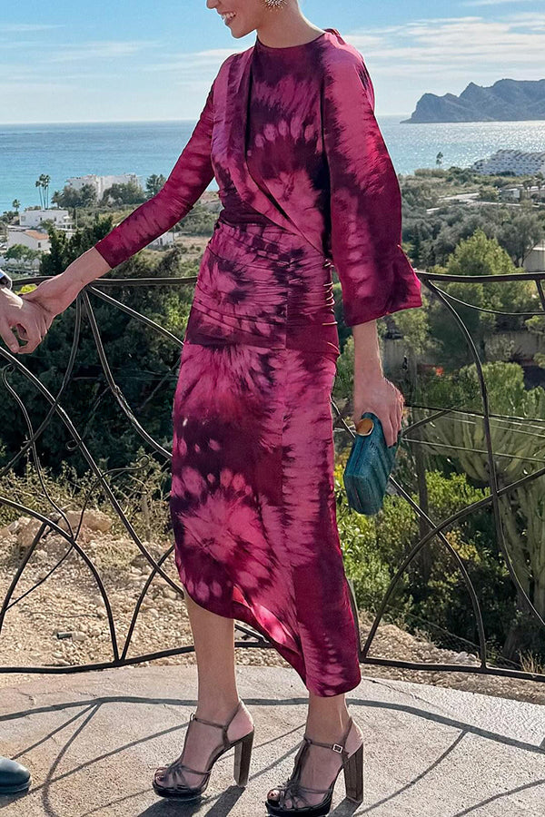 Claudia – Midikleid mit Batikmuster und Rüschen (vielfältige Tragemöglichkeiten)