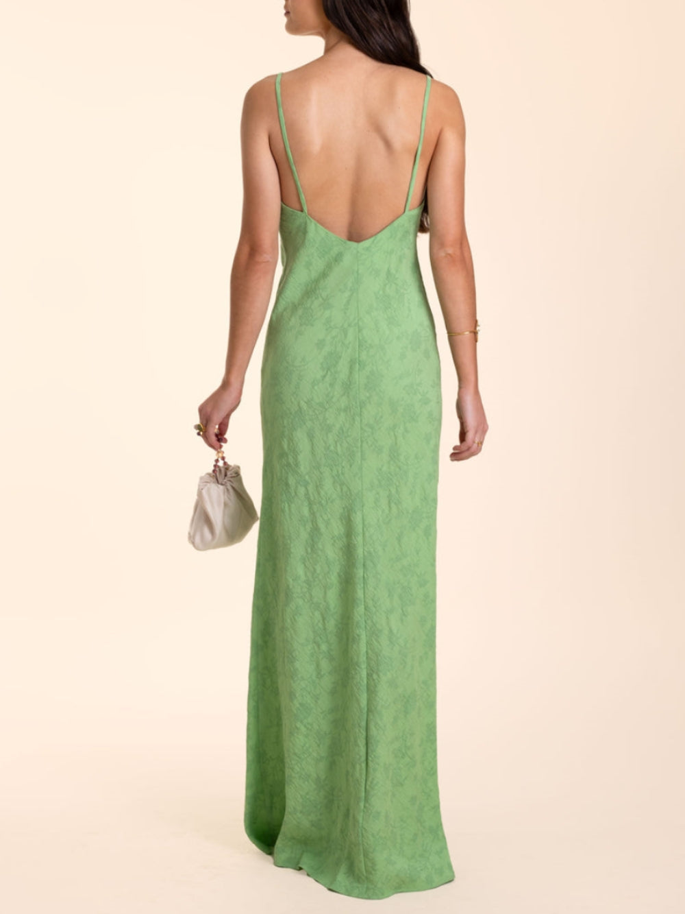 Elegantes limettengrünes Jacquard-Maxikleid mit V-Ausschnitt