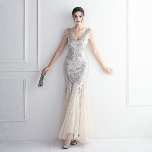 Sequin Mesh Craft Beaded Party Dress: Elegant Long Cocktail Slim Fit Evening Dress