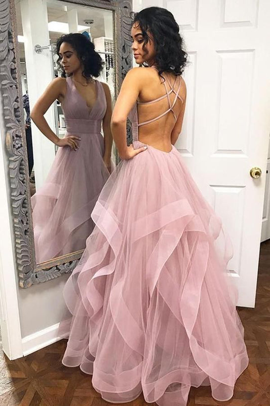 Elegantes A-Linien-Ballkleid mit Neckholder, kaskadierenden Rüschen, offenem Rücken und langem