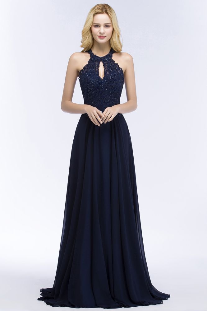 Elegante vestido de fiesta largo con escote halter, corte A y cuentas