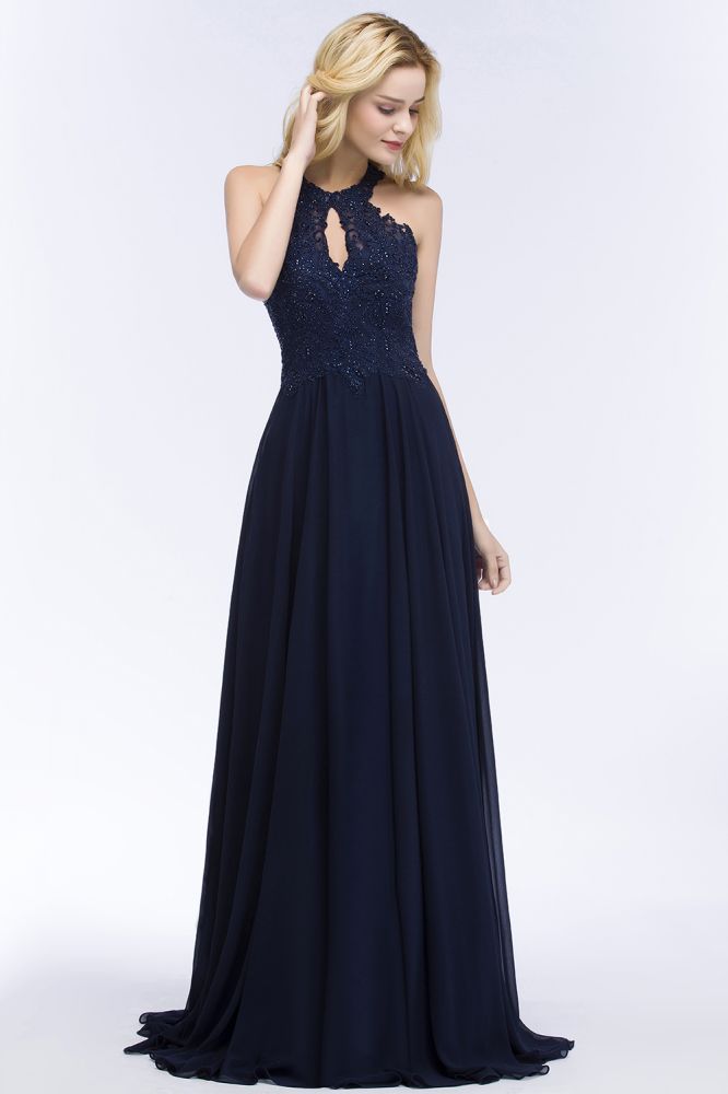 Elegante vestido de fiesta largo con escote halter, corte A y cuentas