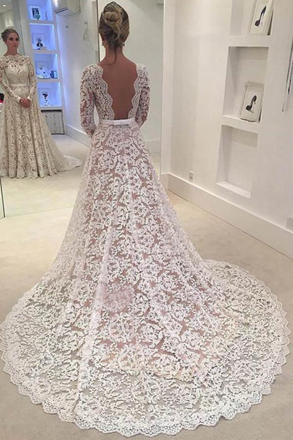 Elegantes rückenfreies A-Linien-Brautkleid aus Spitze mit Hofschleppe