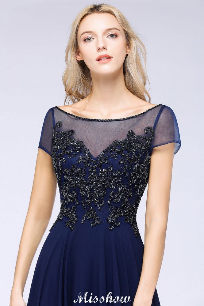 Elegante vestido de dama de honor de manga corta con apliques de cuentas y corte en A, vestido de noche largo hasta el suelo