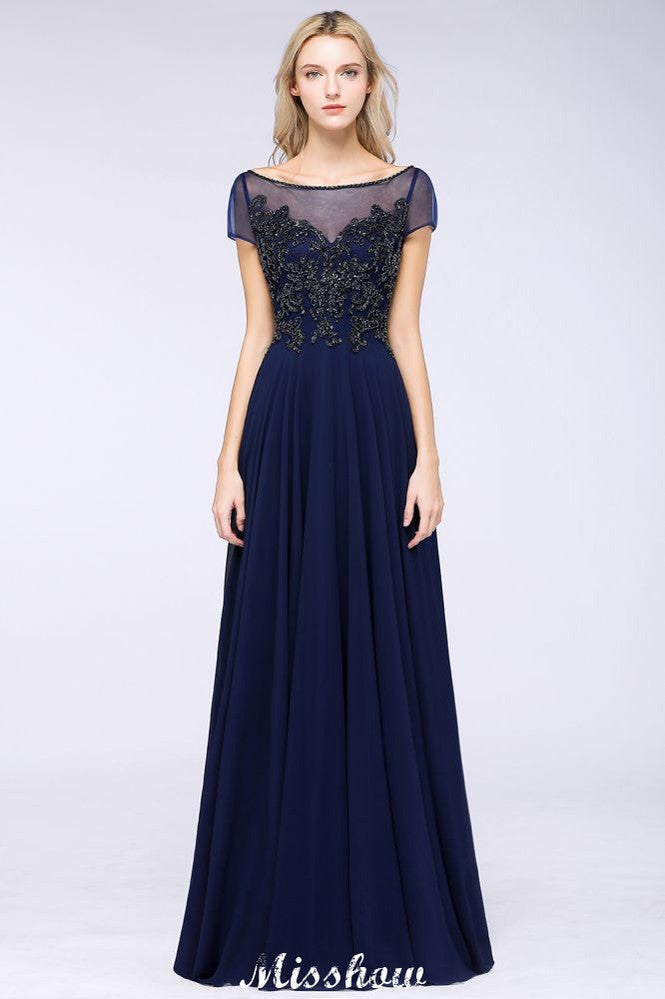 Elegante vestido de dama de honor de manga corta con apliques de cuentas y corte en A, vestido de noche largo hasta el suelo