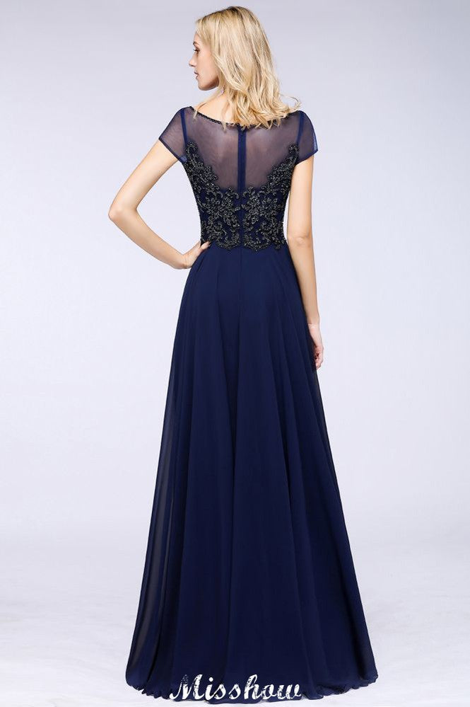 Elegante vestido de dama de honor de manga corta con apliques de cuentas y corte en A, vestido de noche largo hasta el suelo