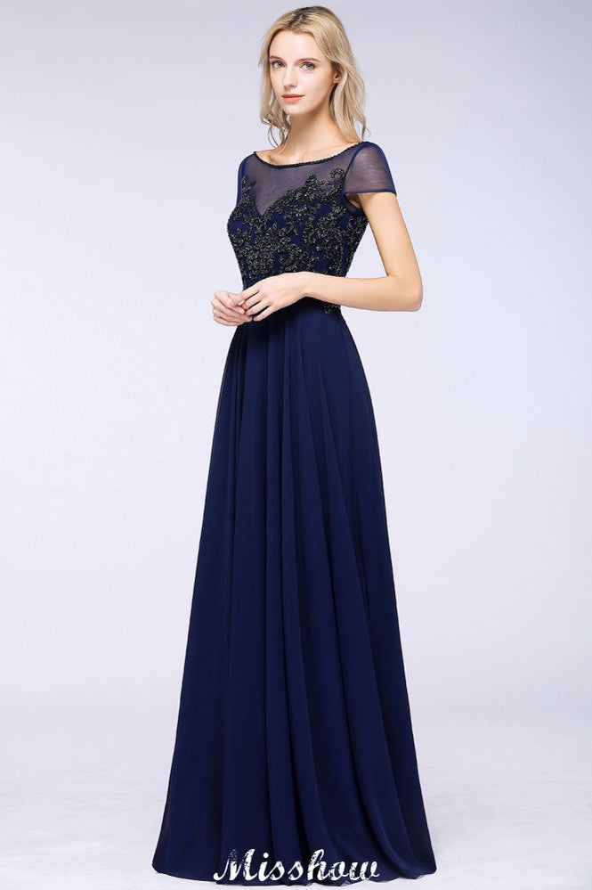 Elegante vestido de dama de honor de manga corta con apliques de cuentas y corte en A, vestido de noche largo hasta el suelo